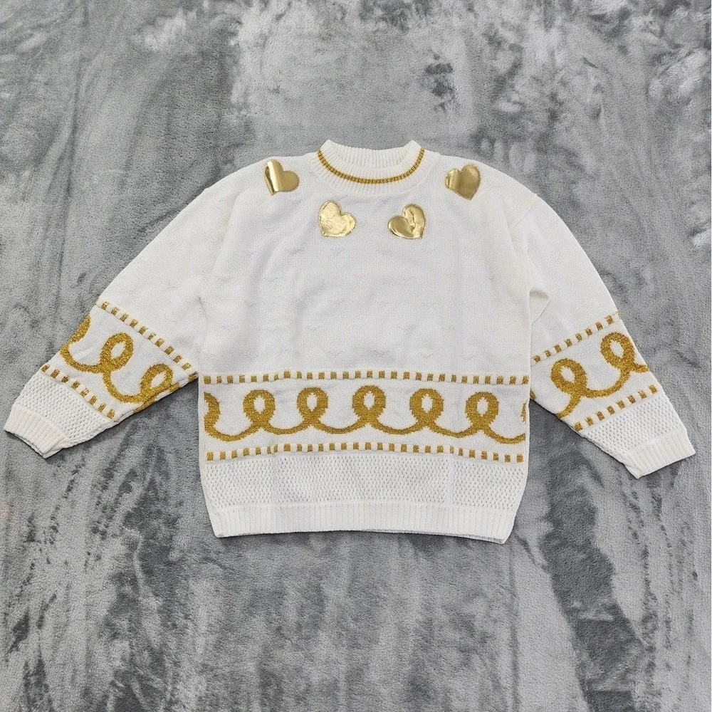 Vintage Justin Charles Sweater Womens S White Gold Metallic Hearts Mock Pullover